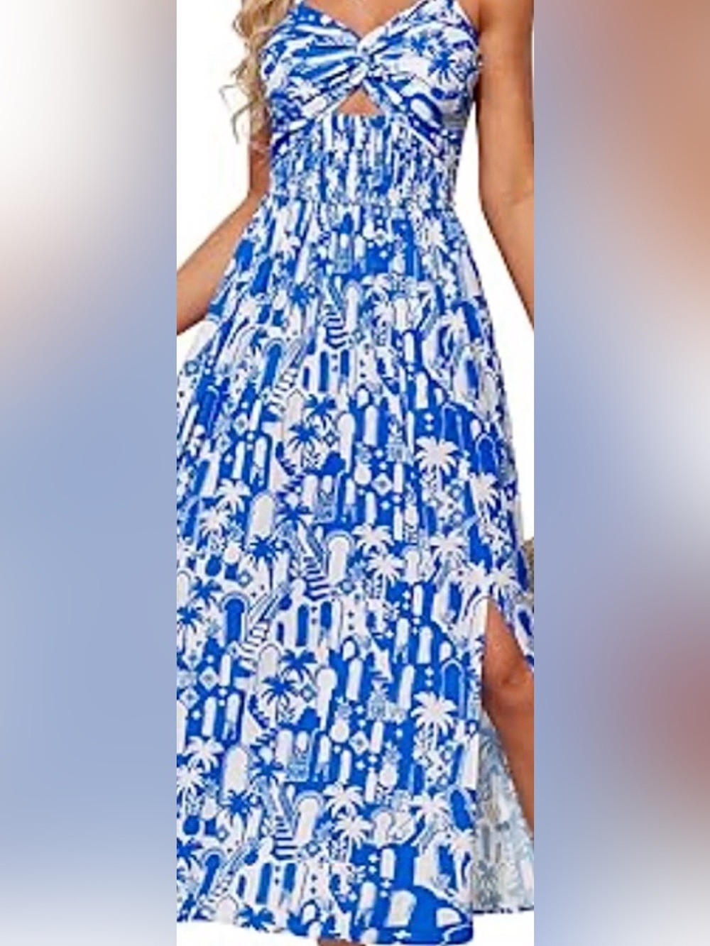 Grace Karin Blue White Midi Dress Size M Twist Front Smocked Summer Vacation
